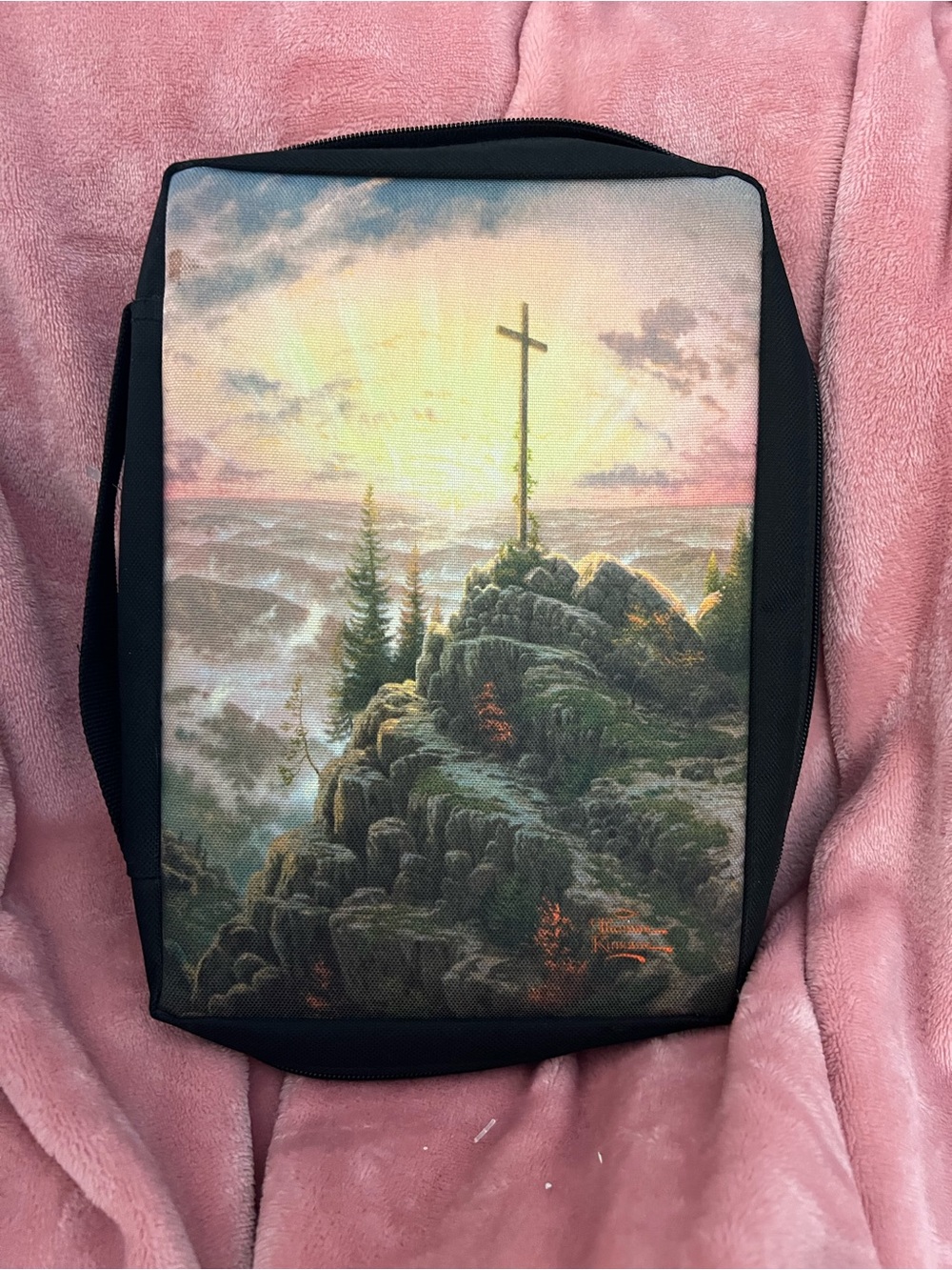 Thomas Kinkade Cross on Sunrise Cliff - Green, Gold, Pink bible cover